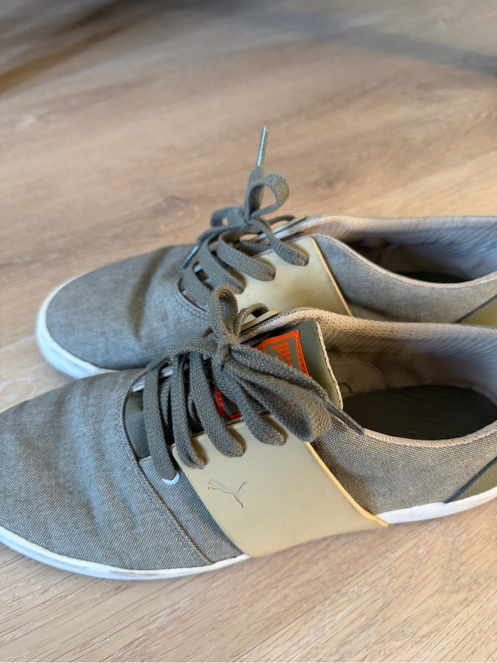 Puma Olive Green Canvas Low-Top Sneakers with Tan Strap